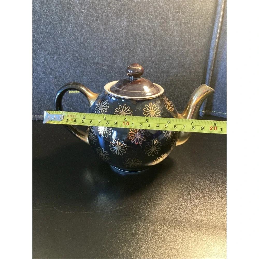 Vintage Hall 050 China- Black W Gold Flowers & Lid- 6 Cup Teapot- Made In USA 🫖